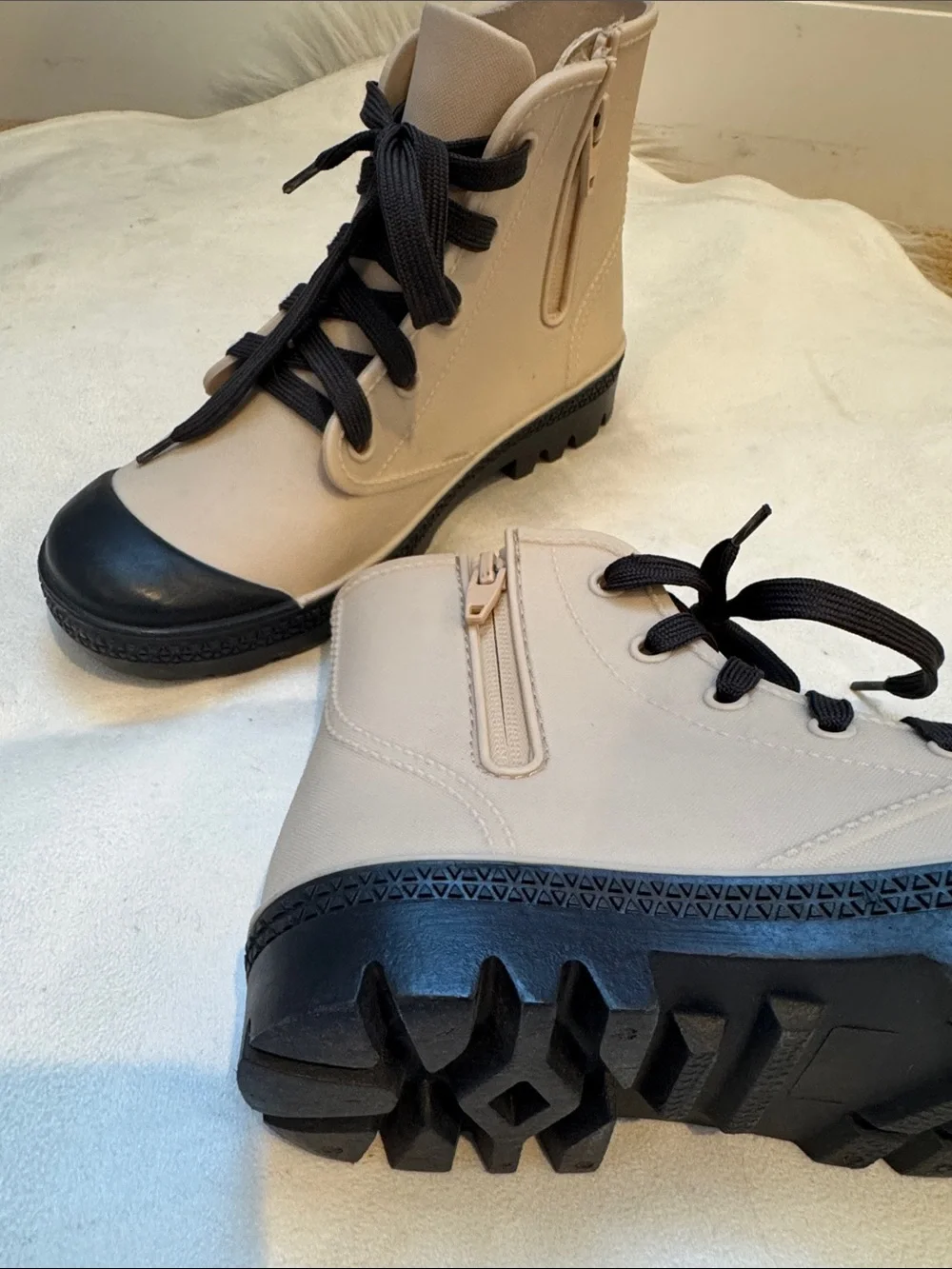 Cotton on Kids Beige and Black Rain Boots with Lace-Up Front